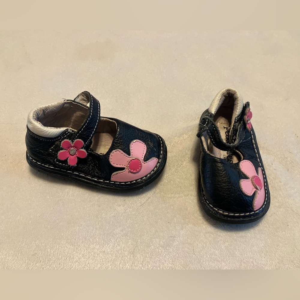 Black and Pink Kids Shoes with Floral Design